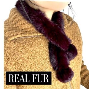 100% REAL FUR Luxurious Knitted Burgundy Wrap Scarf Pom Pom Soft Cozy